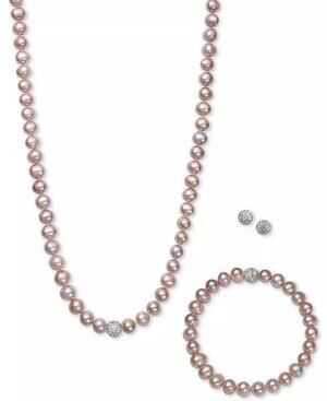 Belle de Mer Pink Cultured Freshwater Pearls (7mm) & Crystal Collar Jewelry Set